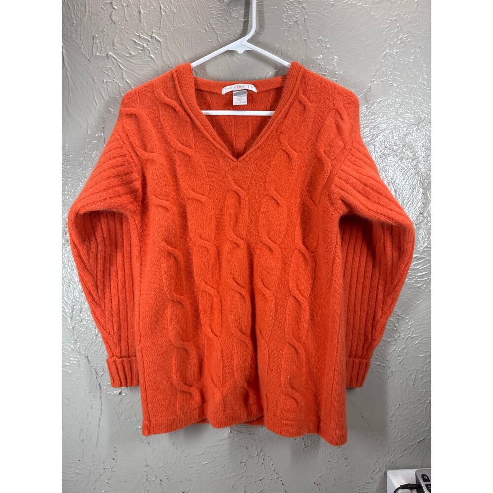 The Limited Orange Cable Sweater V-neck Wool Angora Fisherman‎ Womens Size Small